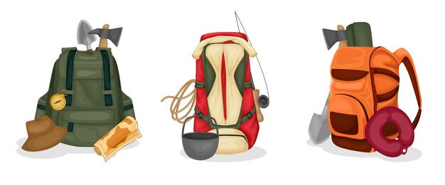 Conjunto de composiciones planas de tiempo de viaje de mochilas llenas de equipo turístico aislado ilustración vectorial