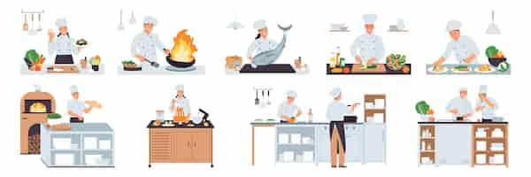 Vector gratuito conjunto con composiciones profesionales de cocineros aislados con chefs en uniforme cocinando comidas solos y en equipo ilustración vectorial