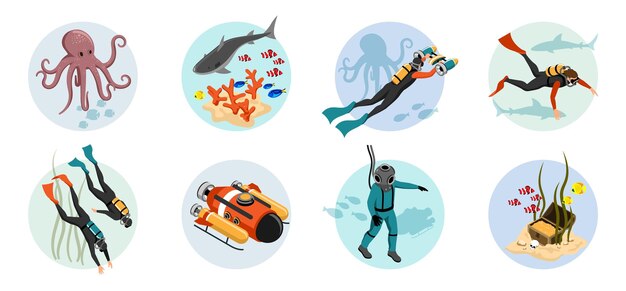 Conjunto de composiciones redondas isométricas de buceo de buzos escafandra autónoma corales peces pulpos ilustración vectorial aislada