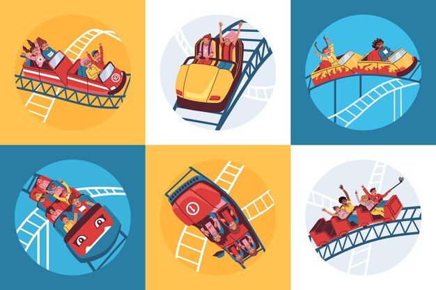 Conjunto con composiciones redondas de montaña rusa plana con cruces de rieles, autos rojos y personas gritando ilustración vectorial