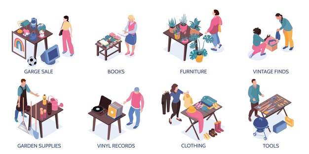 Conjunto de composiciones de venta de garaje con personas que venden libros, muebles, ropa, discos de vinilo, ilustración vectorial aislada isométrica