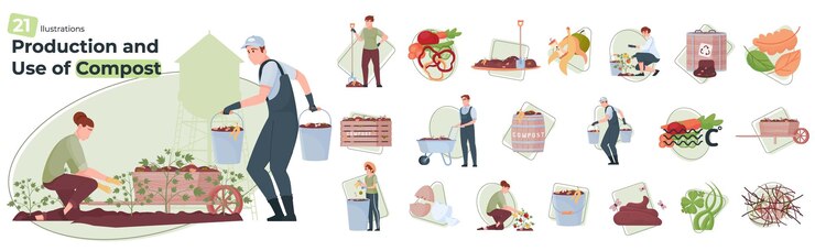 Vector gratuito conjunto de compost de composiciones aisladas con iconos planos del proceso de compostaje con materiales y personajes humanos ilustración vectorial