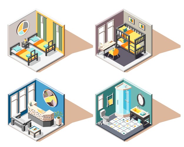 Conjunto de concepto de diseño de albergue 2x2 de ilustración de interiores isométricos de recepción de baño de habitación de invitados