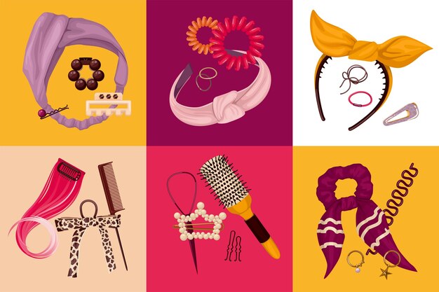 Conjunto de concepto de diseño de artículos de peluquería de seis composiciones cuadradas con accesorios para el cabello y herramientas de peluquería ilustración vectorial plana