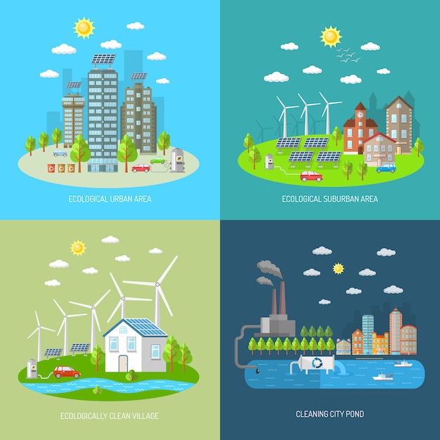 Conjunto de concepto de diseño de ciudad ecológica