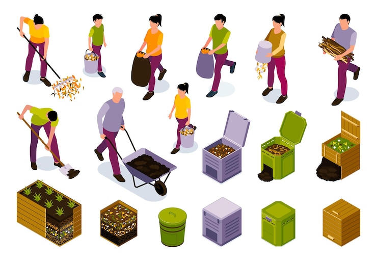 Vector gratuito conjunto de concepto de diseño de color isométrico de cero residuos de jardineros que participan en el proceso de compostaje de residuos ilustración vectorial aislada