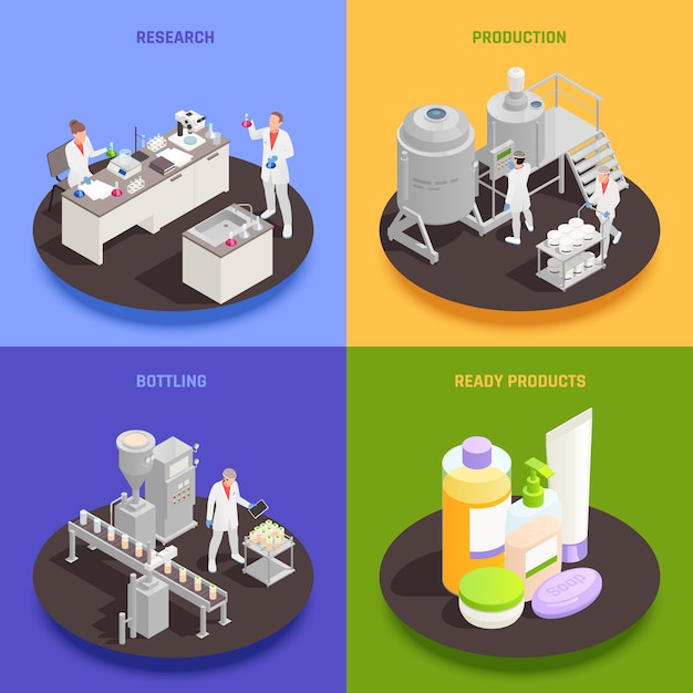 Conjunto de concepto de diseño de cosméticos 2x2 de producción de investigación embotellado y productos listos composiciones cuadradas isométricas