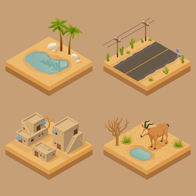 Conjunto de concepto de diseño de paisaje desértico 2x2 de cuatro composiciones isométricas con animales de oasis de carretera e ilustración de vector de vivienda