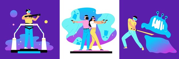 Conjunto de concepto de diseño de realidad virtual de tres composiciones cuadradas con jugadores en gafas de realidad aumentada ilustración vectorial plana