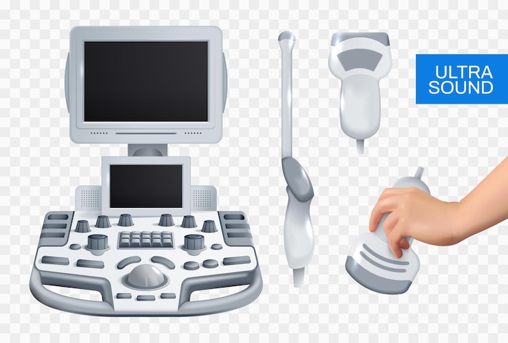 Vector gratuito conjunto de concepto de diseño realista de ultrasonido de equipo médico para chequeo de ultrasonografía en ilustración de vector aislado de fondo transparente