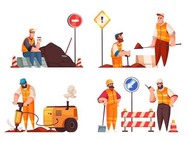 Vector gratuito conjunto de concepto de diseño de reparación de carreteras 2x2 de personajes masculinos que trabajan con composiciones de dibujos animados de martillo neumático y pala ilustración vectorial plana