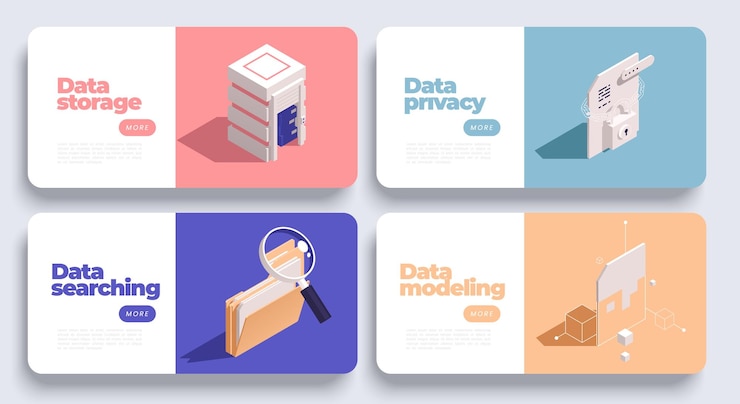 Vector gratuito conjunto de concepto de gestión de datos de banners horizontales con iconos isométricos texto editable y más botones en los que se puede hacer clic ilustración vectorial