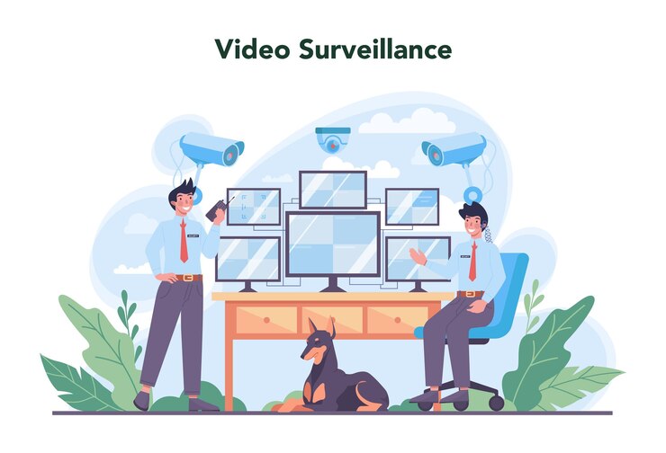 Vector gratuito conjunto de concepto de guardia de seguridad idea de vigilancia y protección guardaespaldas en uniforme guiando a un cliente para un departamento de guardia de seguridad monitoreando un cctv vector ilustración plana