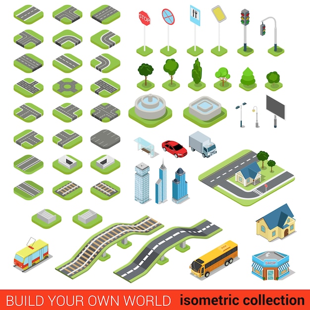 Conjunto de concepto de infografía de bloques de construcción de letrero de calle isométrico plano.Fuente de ferrocarril de cruce semáforo linterna rascacielos tranvía tienda de autobuses Construya su propia colección mundial de infografías