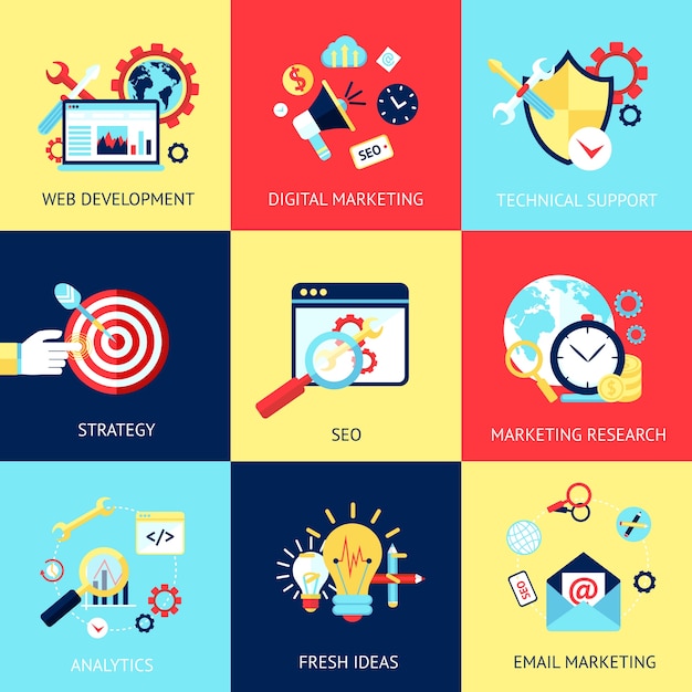 Conjunto de concepto plano de SEO