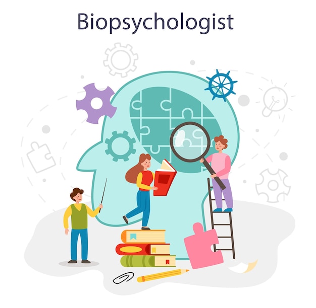 Vector gratuito conjunto de conceptos de biopsicología estudiantes que aprenden ciencia de la mente y el comportamiento influencia biológica en la salud mental y emocional de las personas ilustración vectorial plana