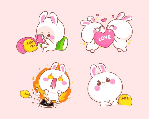 Conjunto de conejo feliz con ilustración de dibujos animados de pato