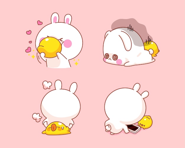 Conjunto de conejo lindo feliz con pato haciendo actividades juntos ilustración de dibujos animados