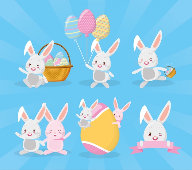 Vector gratuito conjunto de conejos deseando felices pascuas