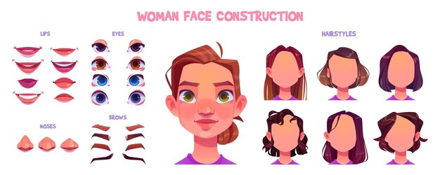 Conjunto de construcción de cara de mujer generador de avatar