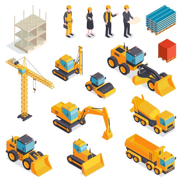 Conjunto de construcción isométrica con imágenes aisladas de vehículos naranjas materiales de maquinaria de construcción personajes humanos de constructores ilustración vectorial