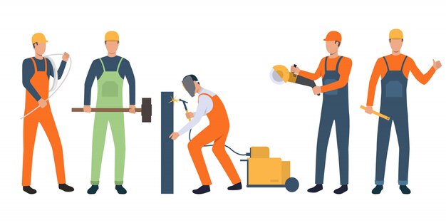 Conjunto de constructores, electricistas, soldadores y operarios.