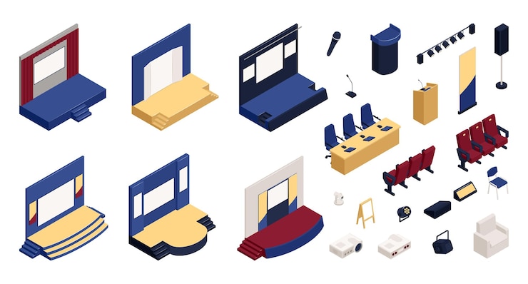 Vector gratuito conjunto de constructores isométricos de elementos de la sala de conferencias de prensa ilustración vectorial aislada