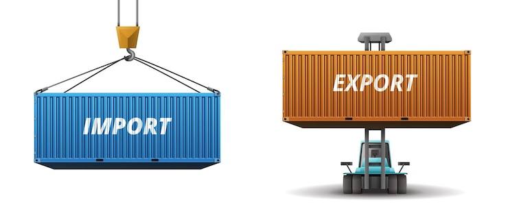 Vector gratuito conjunto de contenedores de carga de dos imágenes realistas con contenedores marcados de importación y exportación levantados e ilustración vectorial elevada
