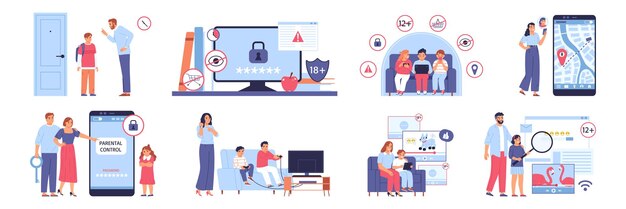 Conjunto de control parental de composiciones aisladas con iconos de contenido pictogramas redondos y personajes de miembros de la familia ilustración vectorial