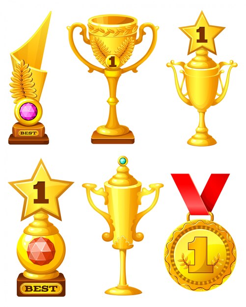 Conjunto de copas de oro y medalla.