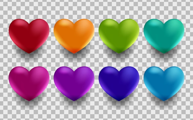Conjunto de corazones 3d en diferentes colores. Elementos decorativos para fondos de vacaciones, saludo, invitación, boda, tarjetas o carteles del día de San Valentín, pancartas, folletos. Ilustración vectorial.