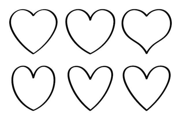 Conjunto de corazones de contorno negro dibujado a mano