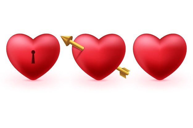 Vector gratuito conjunto de corazones rojos 3d aislado sobre un fondo blanco.