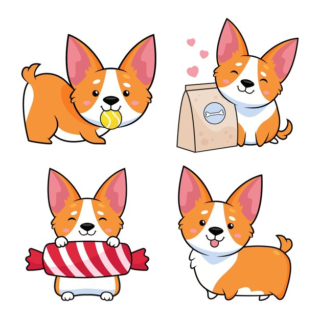 Conjunto de corgis dibujados a mano con dulces de comida para perros de bolas