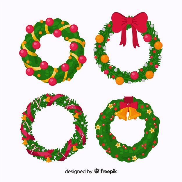 Conjunto de corona de navidad en diseño plano