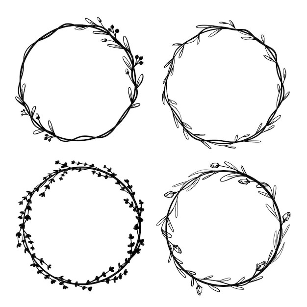 Conjunto de coronas florales circulares dibujadas a mano Marco floral de borde para el diseño de tarjetas de felicitación de bodas de bandera