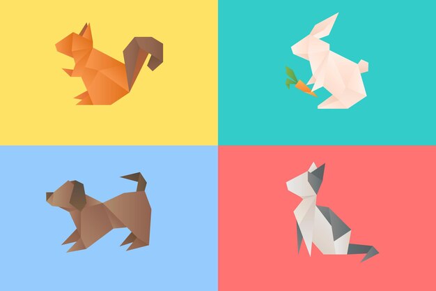 Conjunto de corte de arte de origami de vector de animales coloridos