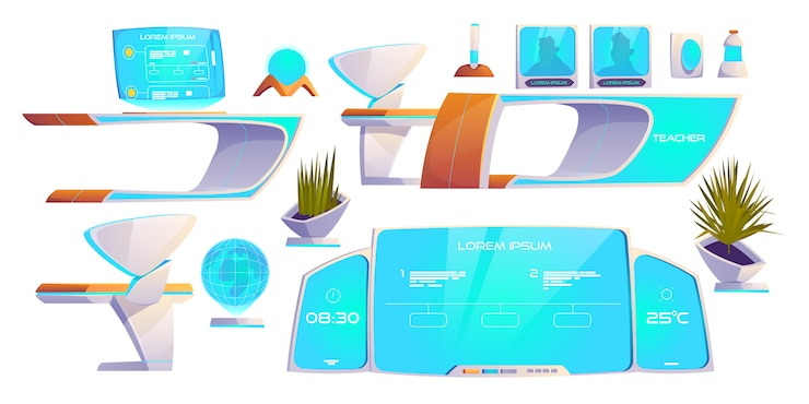 Vector gratuito conjunto de cosas de aula futurista. suministros modernos