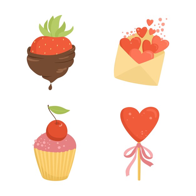 conjunto de cosas románticas, dulces, fresas en chocolate