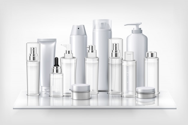 Conjunto de cosméticos botellas de plástico frascos y frascos en estante de vidrio ilustración realista