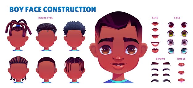 Conjunto de creación de cara de personaje de niño de vector de dibujos animados