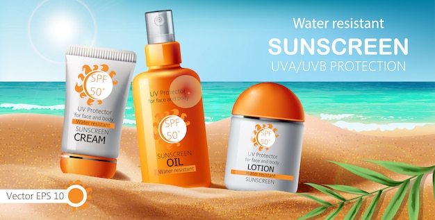 Vector gratuito conjunto de crema, loción y aceite de protección solar. protección uva uvb. resistente al agua. realista. orilla del mar y fondo de hojas