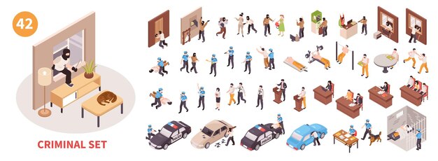 Conjunto criminal isométrico con policía criminal y escenas de prisión ilustración vectorial aislada