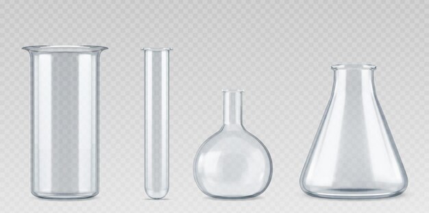 Conjunto de cristalería de laboratorio realista aislado sobre fondo transparente Ilustración vectorial del tubo de matraces cónicos volumétricos de vaso de laboratorio para contenedores de experimentos científicos para sustancias químicas