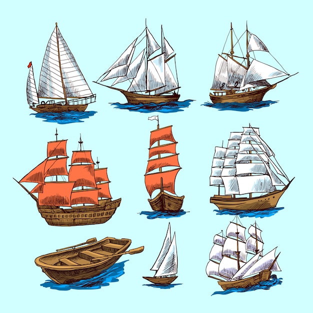 Conjunto de croquis de barcos y embarcaciones.