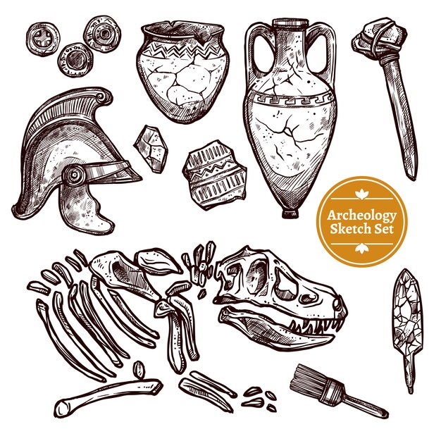 Conjunto de croquis dibujado a mano de arqueología