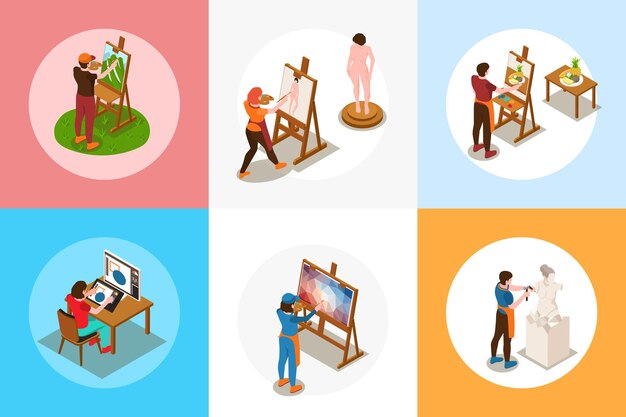 Conjunto cuadrado isométrico de artistas con diseño de dibujo y símbolos de escultura ilustración vectorial aislada