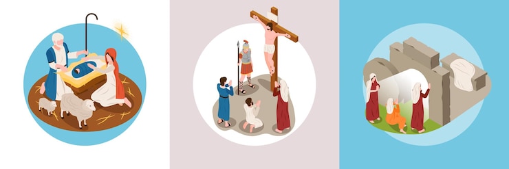 Vector gratuito conjunto cuadrado de la vida de jesús con símbolos de nacimiento y resurrección isométrica ilustración vectorial aislada