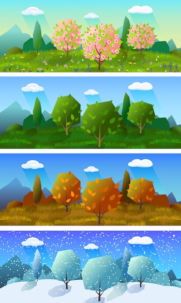 Vector gratuito conjunto de cuatro banderas de paisaje de estaciones