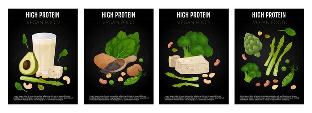 Conjunto con cuatro carteles de comida de proteína vegana aislados con texto editable y composiciones de ilustración de vector de comidas vegetarianas